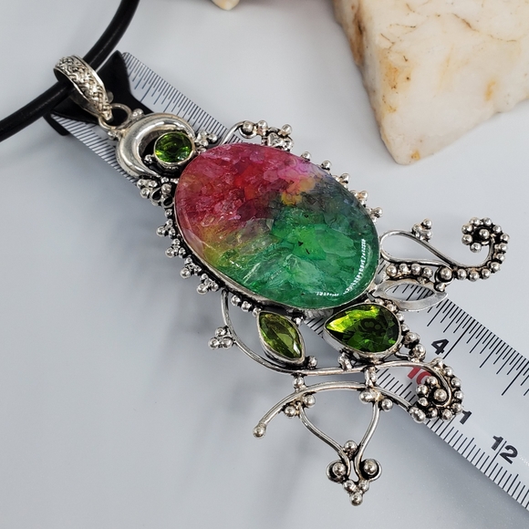 Rainbow Agate/Peridot Stone Silver 925 Pendant - Picture 4 of 6